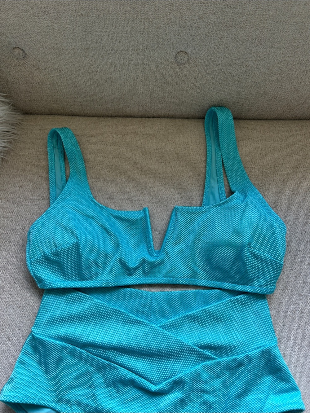 aerie Turquoise Textured V-Wire Bikini Top & High-Waist Bottoms - Picture 2 of 7